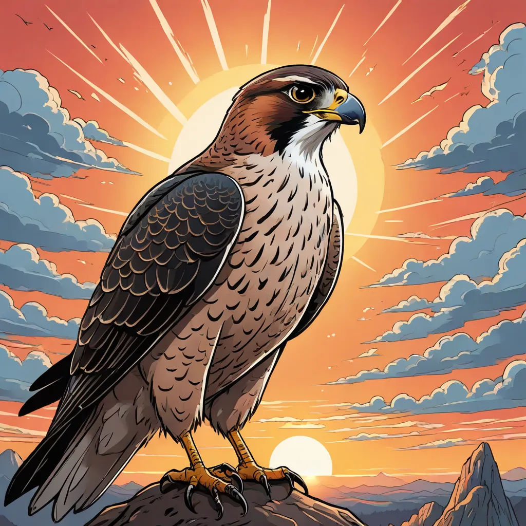 a bird sitting on top of a rock under a sunset sky with clouds and sunbeams behind it, poster art, Dan Mumford, fantasy art, josan gonzales and dan mumford