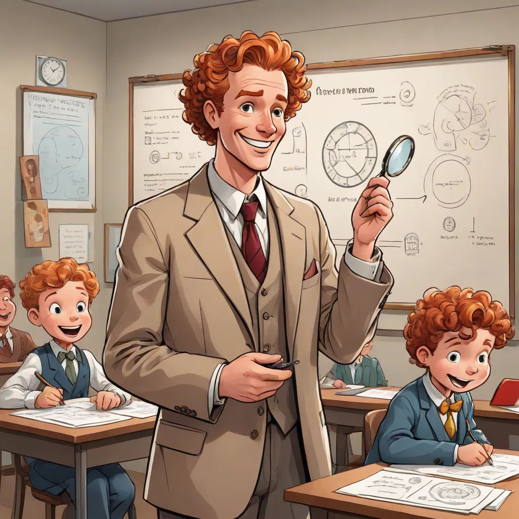 a man in a suit holding a magnifying glass in front of a classroom full of children sitting at desks, paris school, a storybook illustration, David Brewster, official art