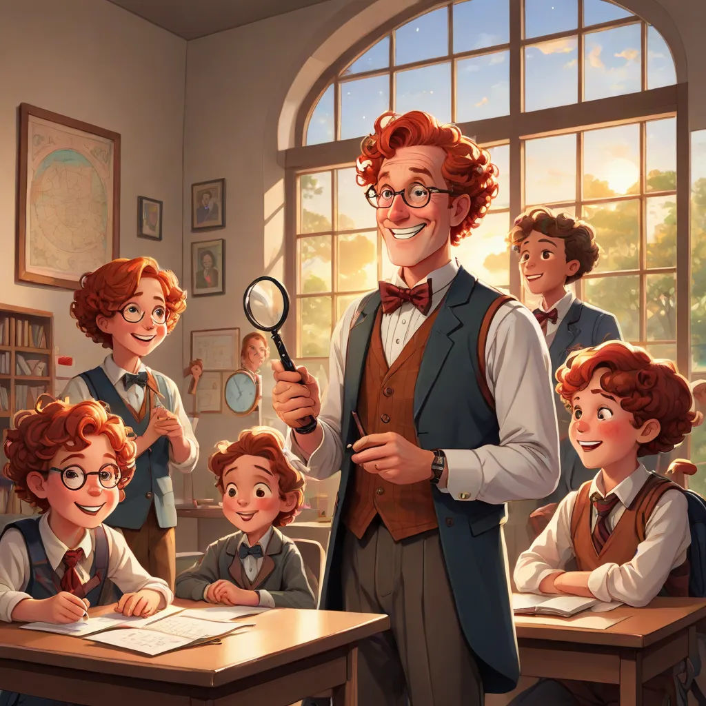 a man holding a magnifying glass in front of a group of children in a classroom with a teacher, academic art, a storybook illustration, Brothers Hildebrandt, official art