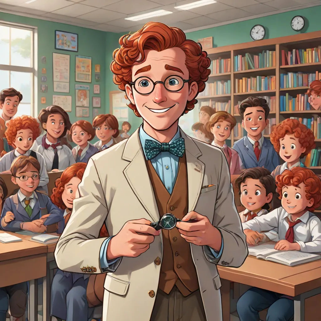 a cartoon of a man in a suit and tie standing in front of a classroom full of children and a teacher, paris school, a character portrait, David Brewster, official art