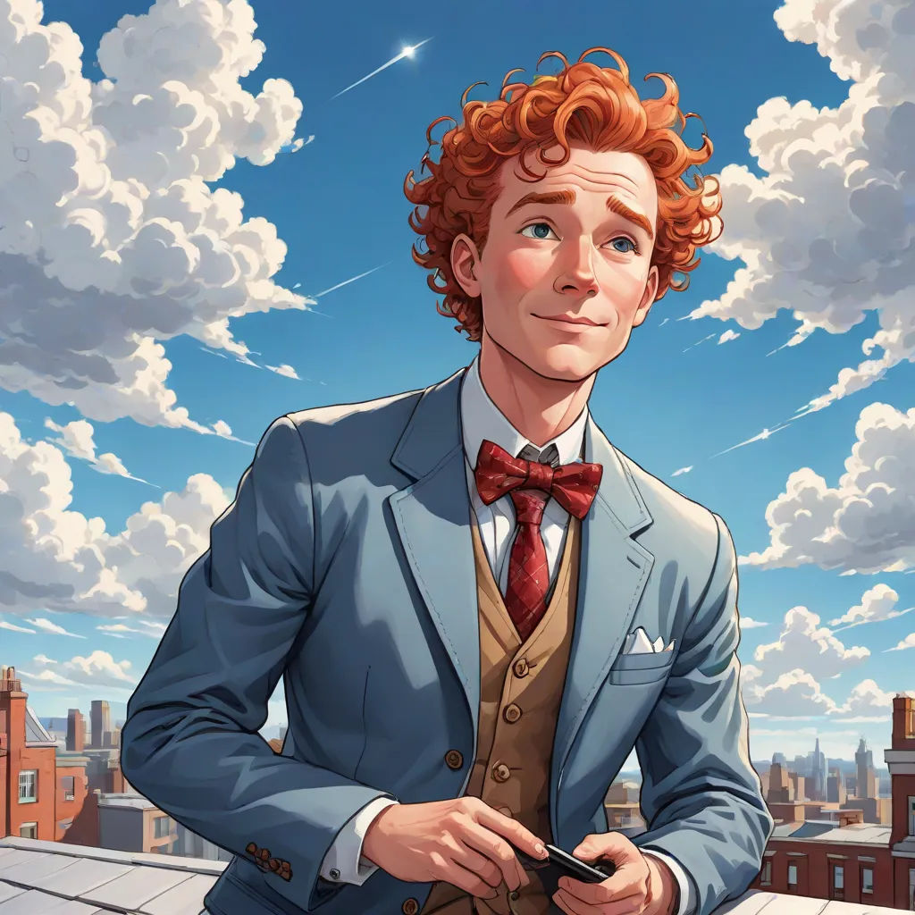 a man in a suit and tie standing on a roof with a sky background and clouds in the background, pre-raphaelitism, a character portrait, Charlie Bowater, official art