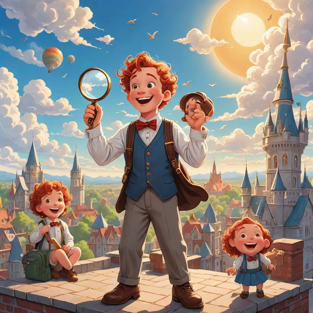 a cartoon of a boy and two girls on a castle roof with a magnifying glass in hand, sots art, a storybook illustration, Aaron Jasinski, official art