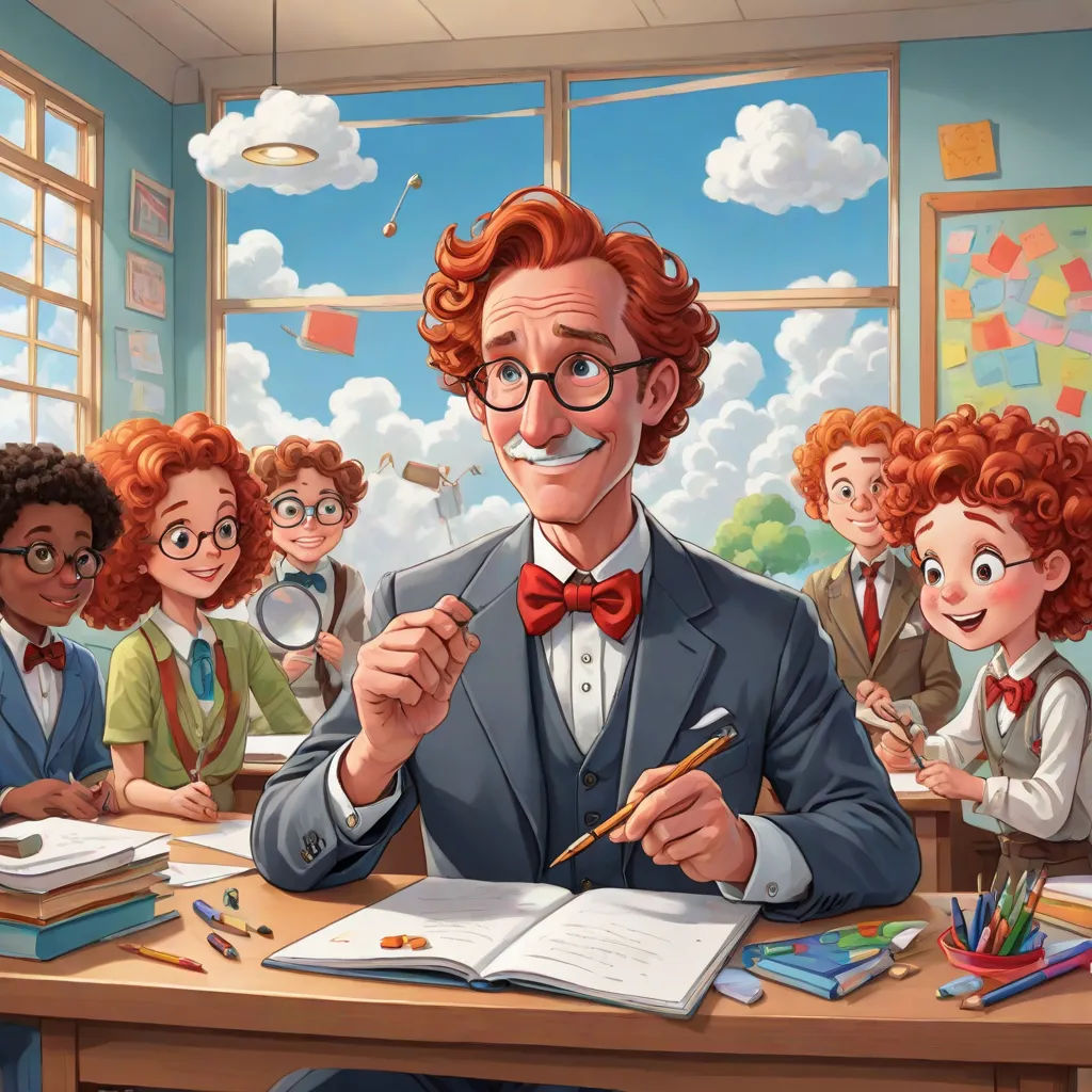 a man in a suit is sitting at a desk with a book and pencil in front of him and a group of children behind him, serial art, a storybook illustration, David Brewster, trending on art station