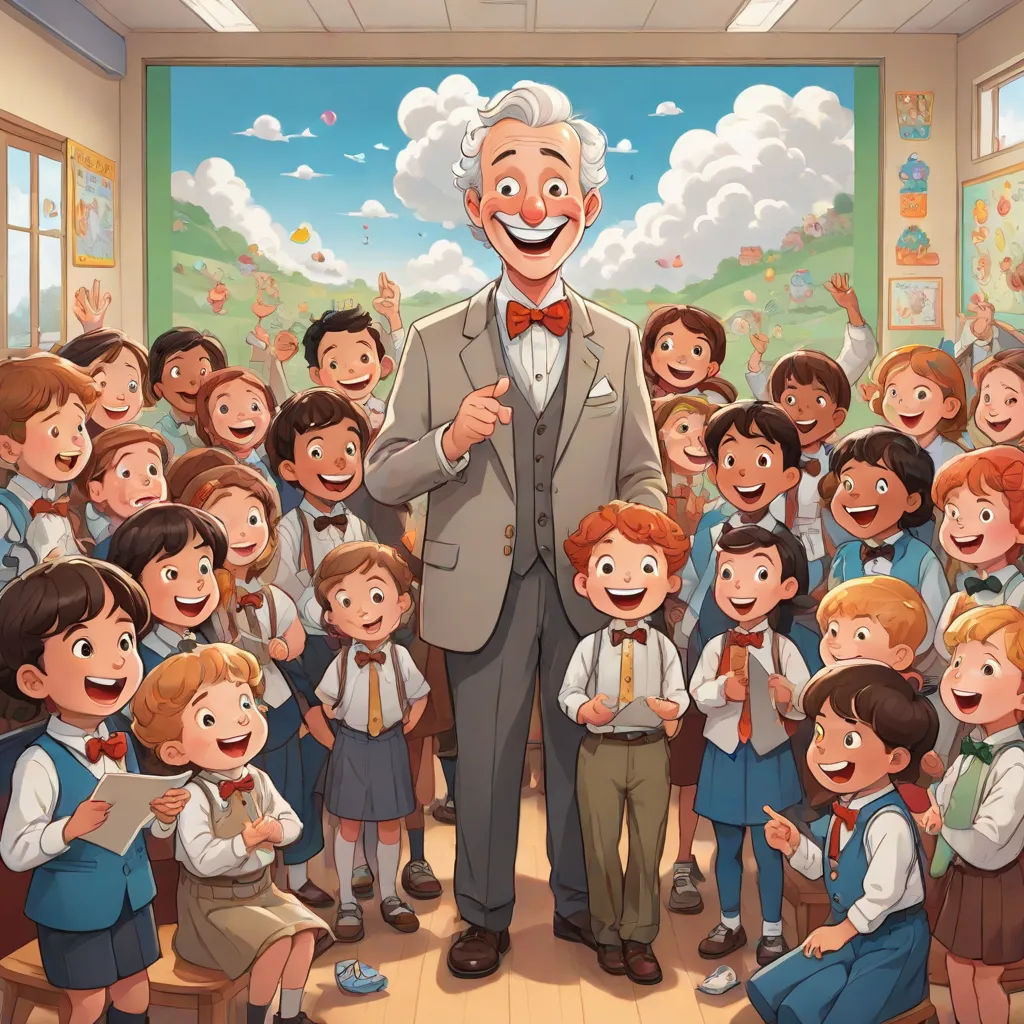 a man standing in front of a group of children in a classroom with a teacher in the background and a painting of a man in the background, naive art, a storybook illustration, David Brewster, official art
