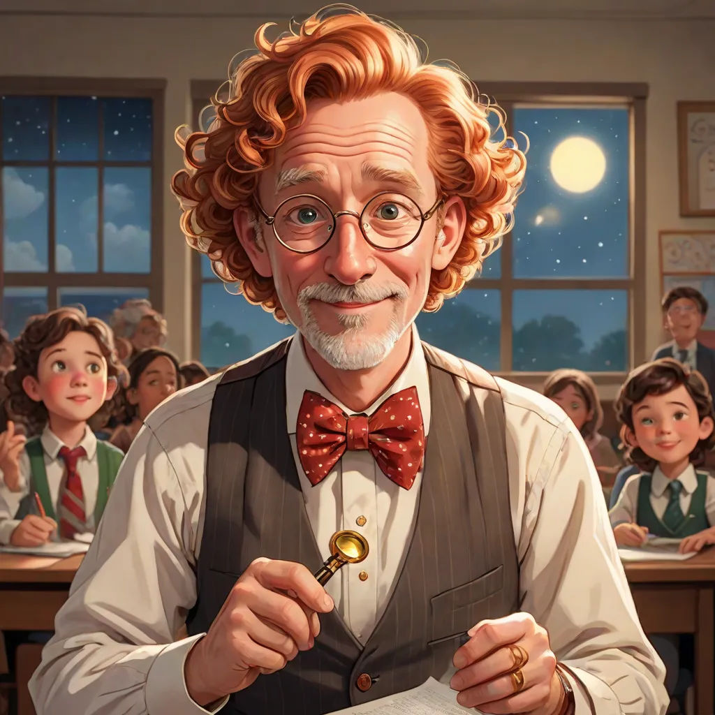 a man with glasses and a bow tie holding a piece of paper in front of a classroom full of children, magical realism, a character portrait, Aaron Jasinski, character portrait