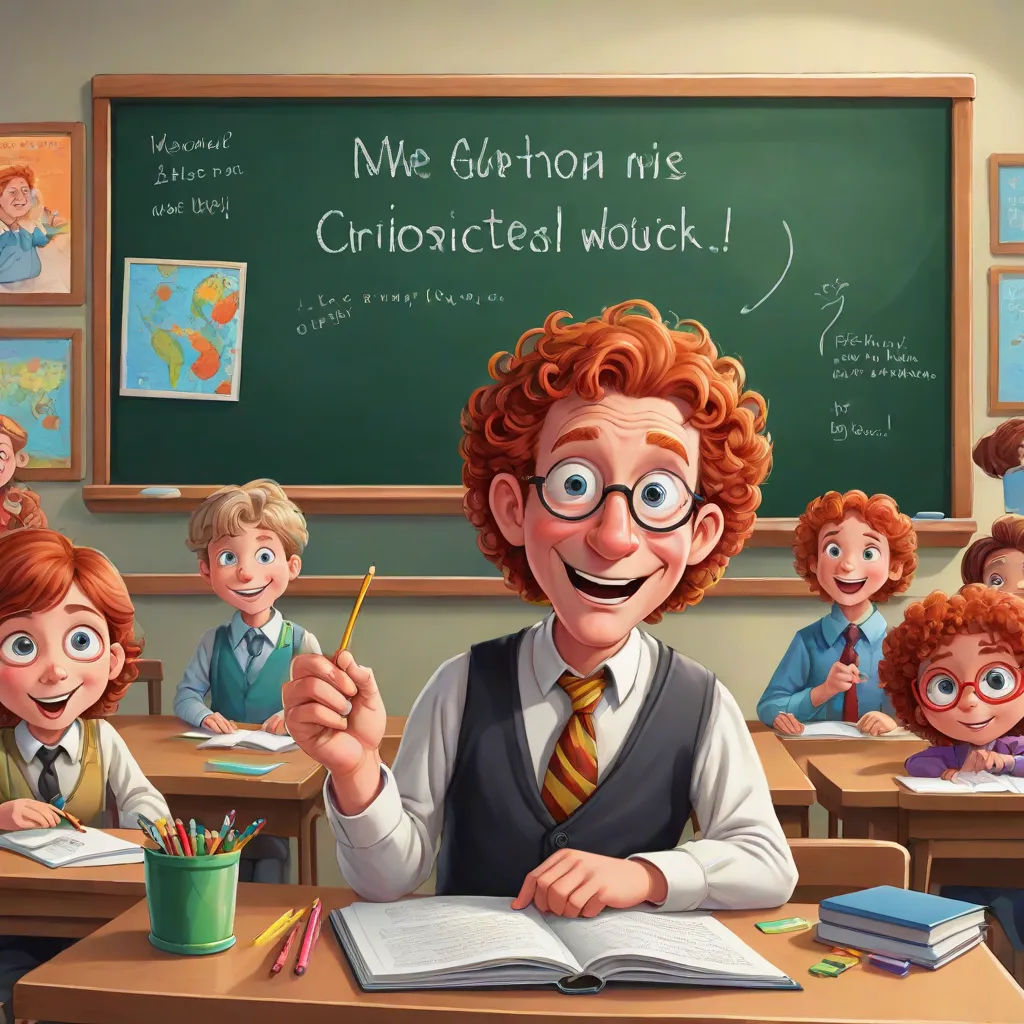 a teacher is smiling while surrounded by children in a classroom with a chalkboard and a chalkboard in the background, danube school, a storybook illustration, Artur Grottger, storybook illustration