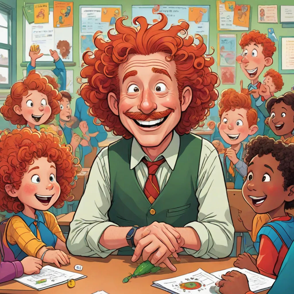 a man with red hair and a mustache sitting at a table with children in a classroom behind him and a book on the table, paris school, a storybook illustration, Diego Gisbert Llorens, storybook illustration