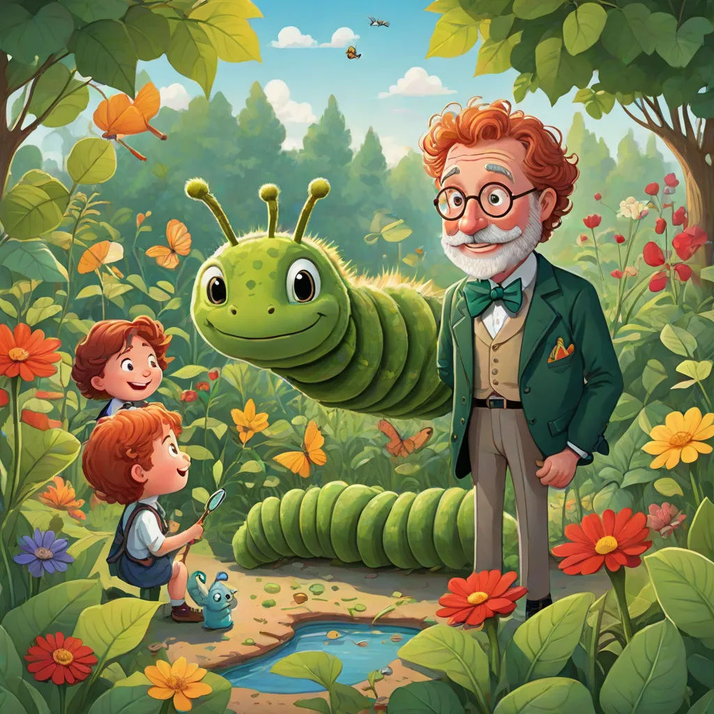 a man and a boy are looking at a large green caterpillar in the forest with a lady bug, magical realism, a storybook illustration, Carl Gustaf Pilo, storybook illustration