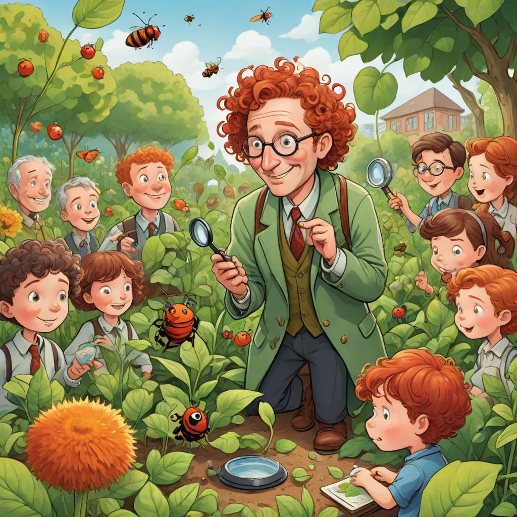 a man in a green suit looking at a bug in a field with other children and a lady bug, massurrealism, a storybook illustration, David Brewster, storybook illustration