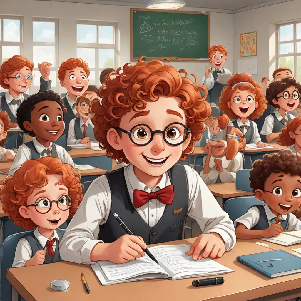 a cartoon of a boy in a classroom with a book and pencil in his hand and a group of other children behind him, paris school, a storybook illustration, Aaron Jasinski, official art