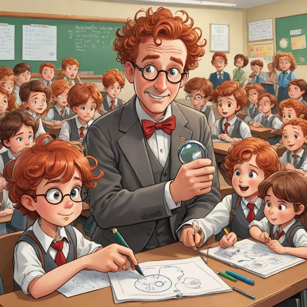 a man in a suit and tie sitting at a desk with a magnifying glass in front of a group of children, academic art, a storybook illustration, David Brewster, official art