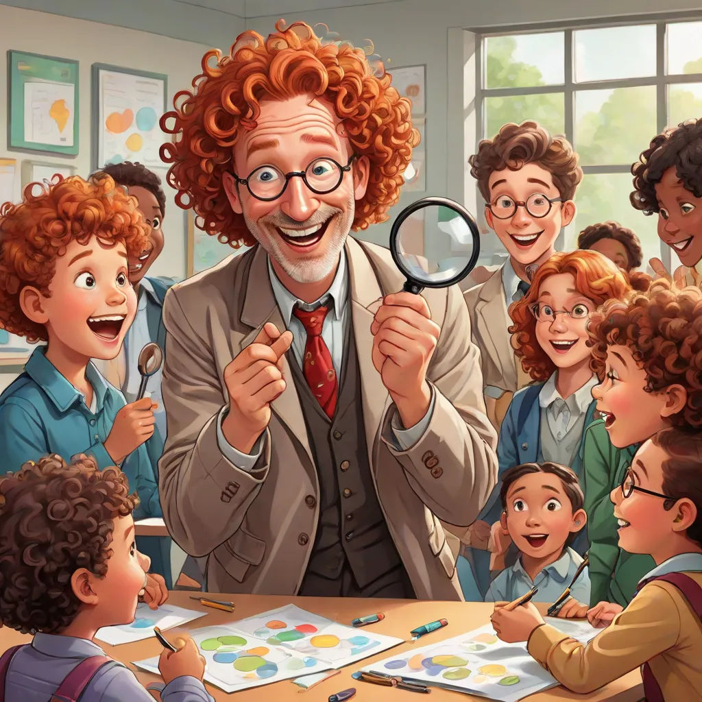 a man with a magnifying glass surrounded by children in a classroom with a teacher looking at him, serial art, a storybook illustration, Aaron Jasinski, official art