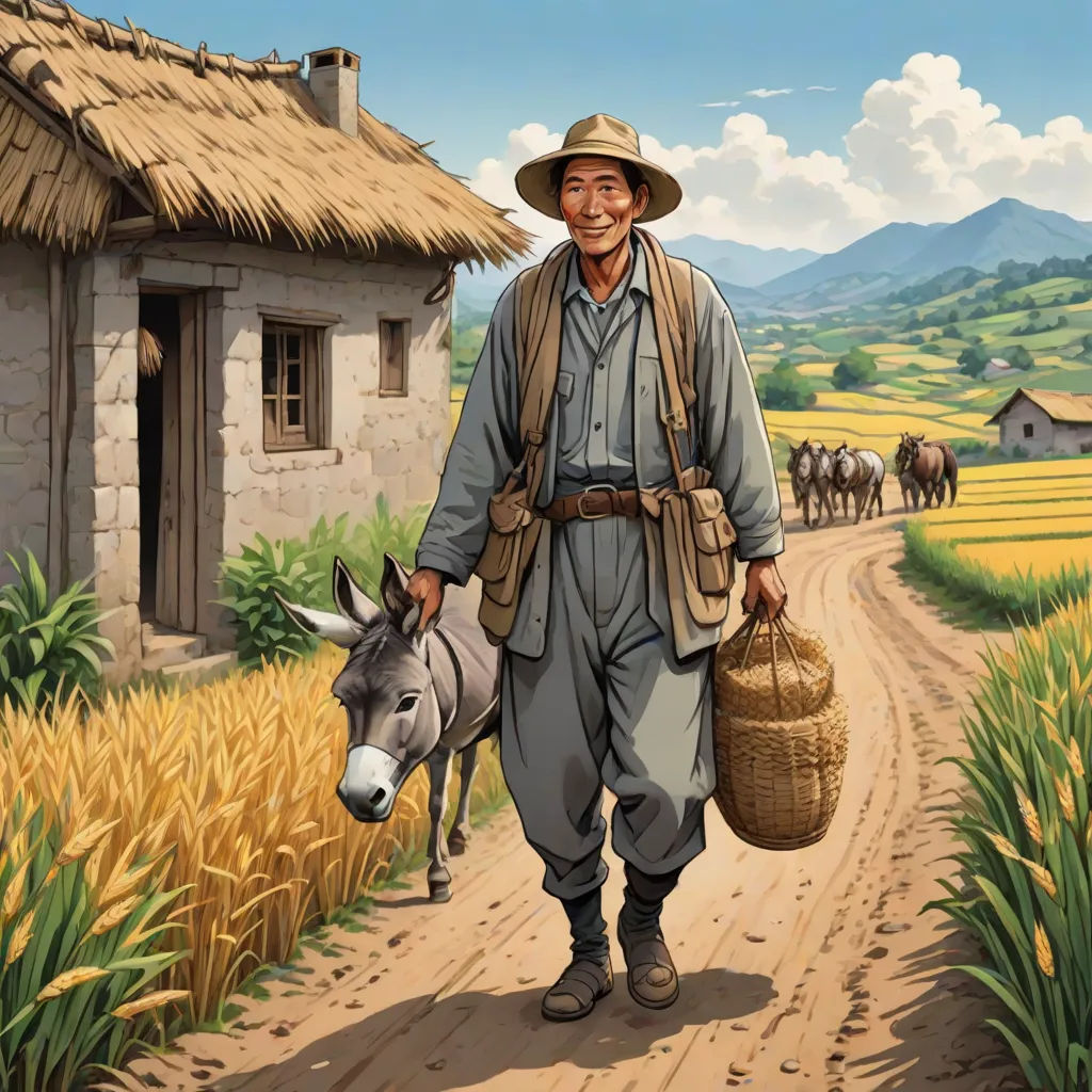 a man walking down a dirt road with a donkey and a straw hat on his head and a house in the background, a character portrait, Fei Danxu, synthetism, phuoc quan