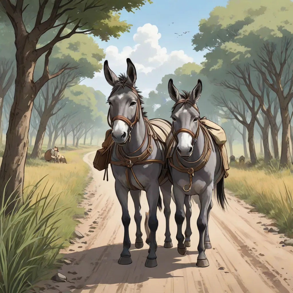 two horses are standing on a dirt road in the woods, with a cart in the foreground and a cart in the background, a storybook illustration, Brothers Hildebrandt, fantasy art, magic the gathering artwork