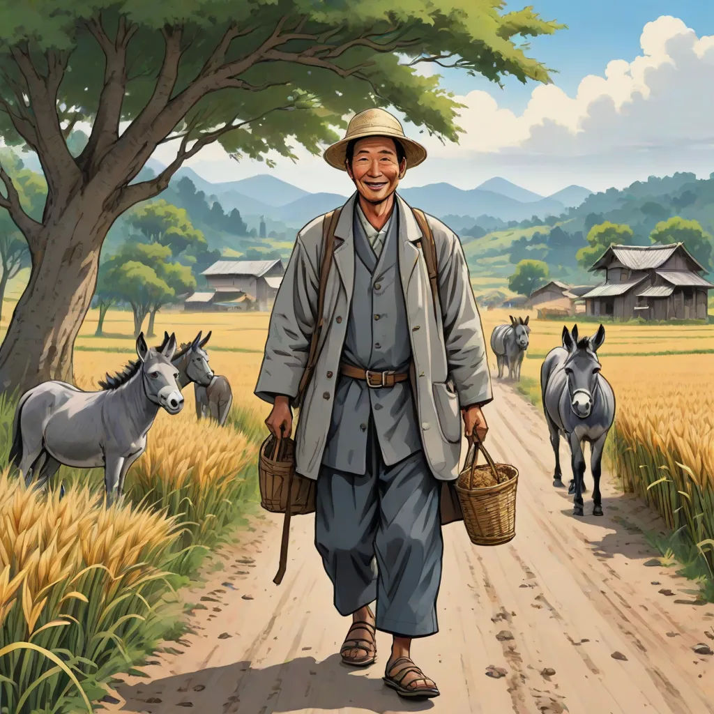 a man walking down a dirt road with a basket of food in his hand and donkeys in the background, a storybook illustration, Byeon Sang-byeok, synthetism, japanese