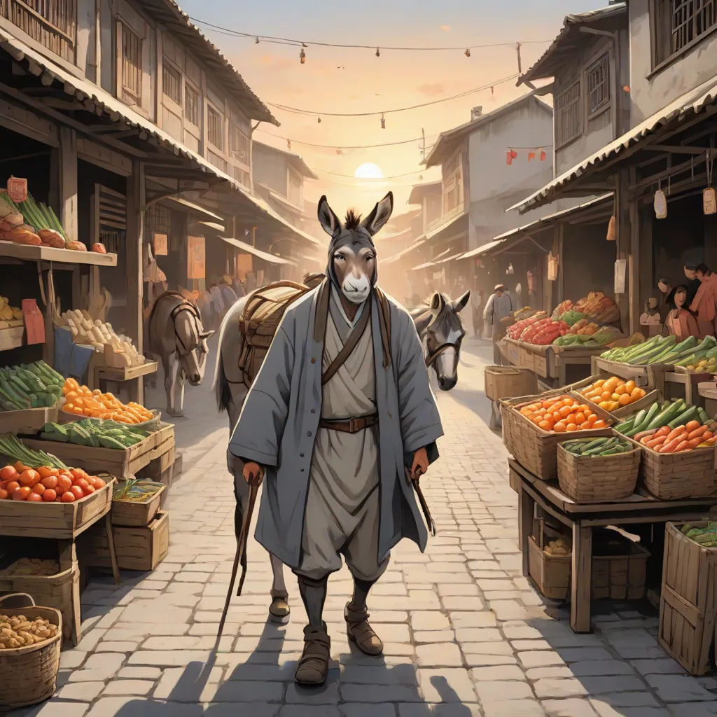 a man with a donkey on a street with a donkey in front of him and a donkey in the background, a storybook illustration, Chris LaBrooy, magical realism, official art