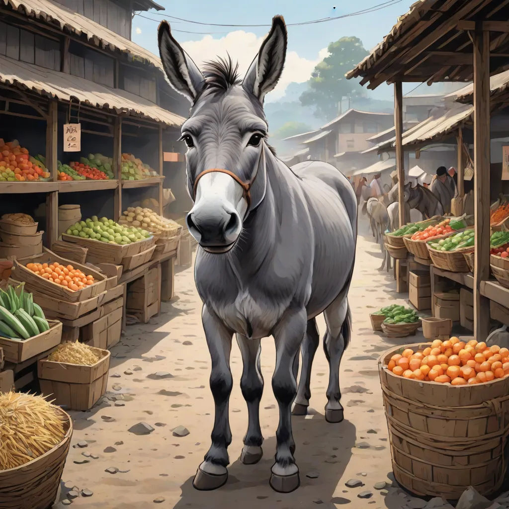 a donkey standing in front of a market filled with produce and vegetables, with a man standing behind it, a storybook illustration, Brom, context art, furaffinity