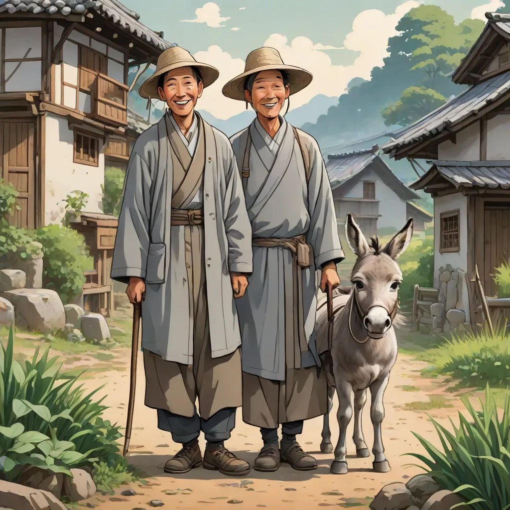 two men in traditional chinese garb standing next to a donkey in a village with mountains in the background, a storybook illustration, Byeon Sang-byeok, cloisonnism, official art