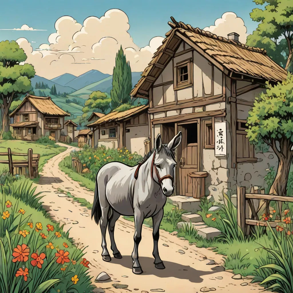 a donkey standing in front of a small village with a path leading to a house with a thatched roof, a comic book panel, Asaf Hanuka, synthetism, official art