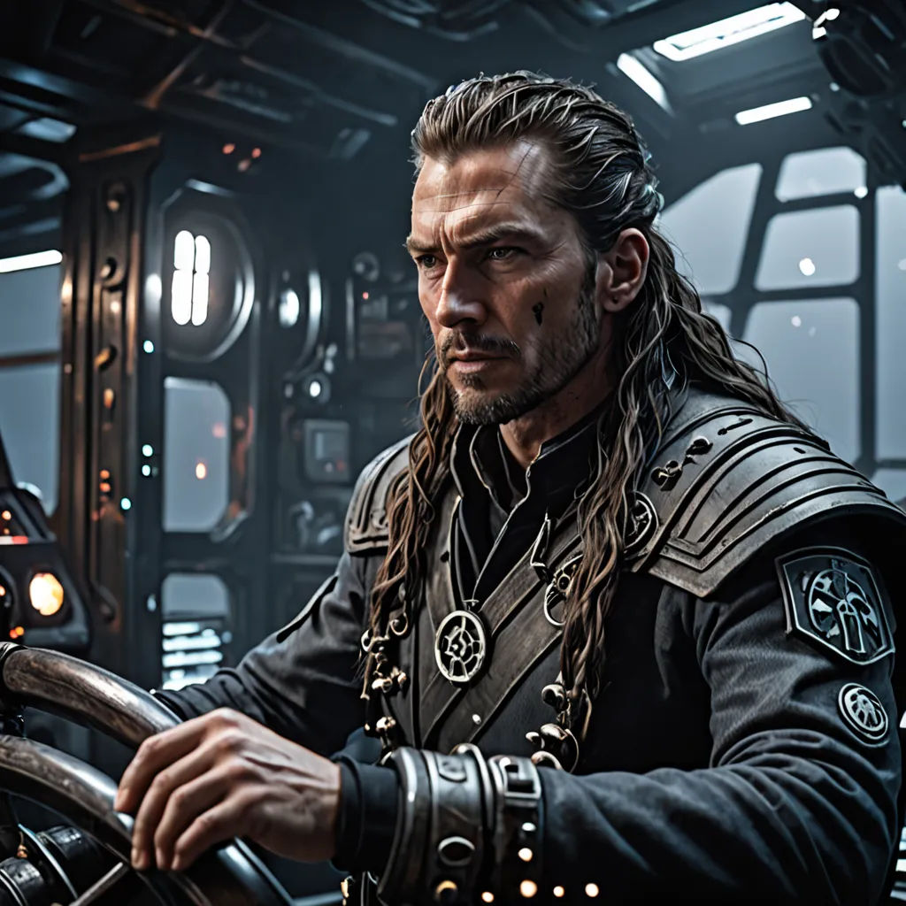 a man in a space station with a steering wheel and a steering wheel in his hand, looking at the camera, antipodeans, a character portrait, Aleksi Briclot, promotional image