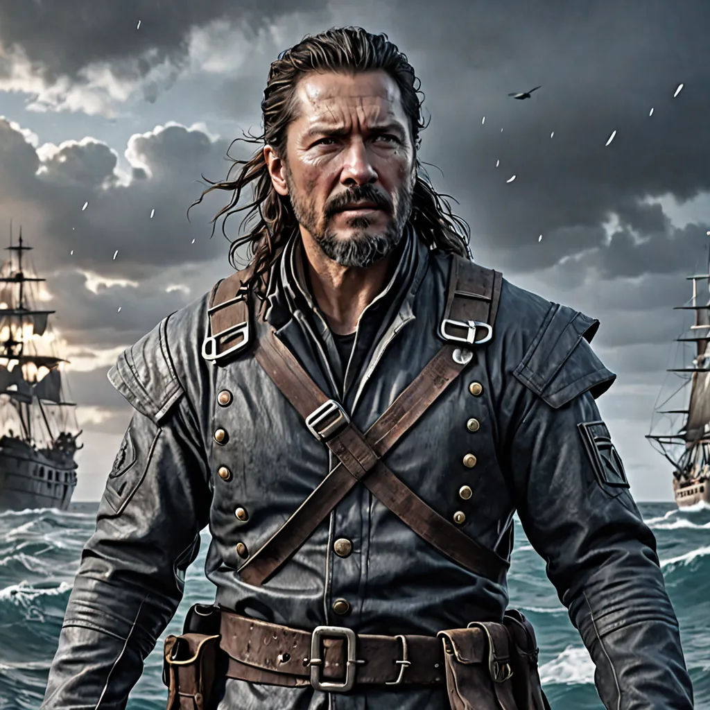 a man in a leather outfit standing in front of a ship in the ocean with a cloudy sky behind him, antipodeans, a detailed matte painting, Diego Gisbert Llorens, promotional image