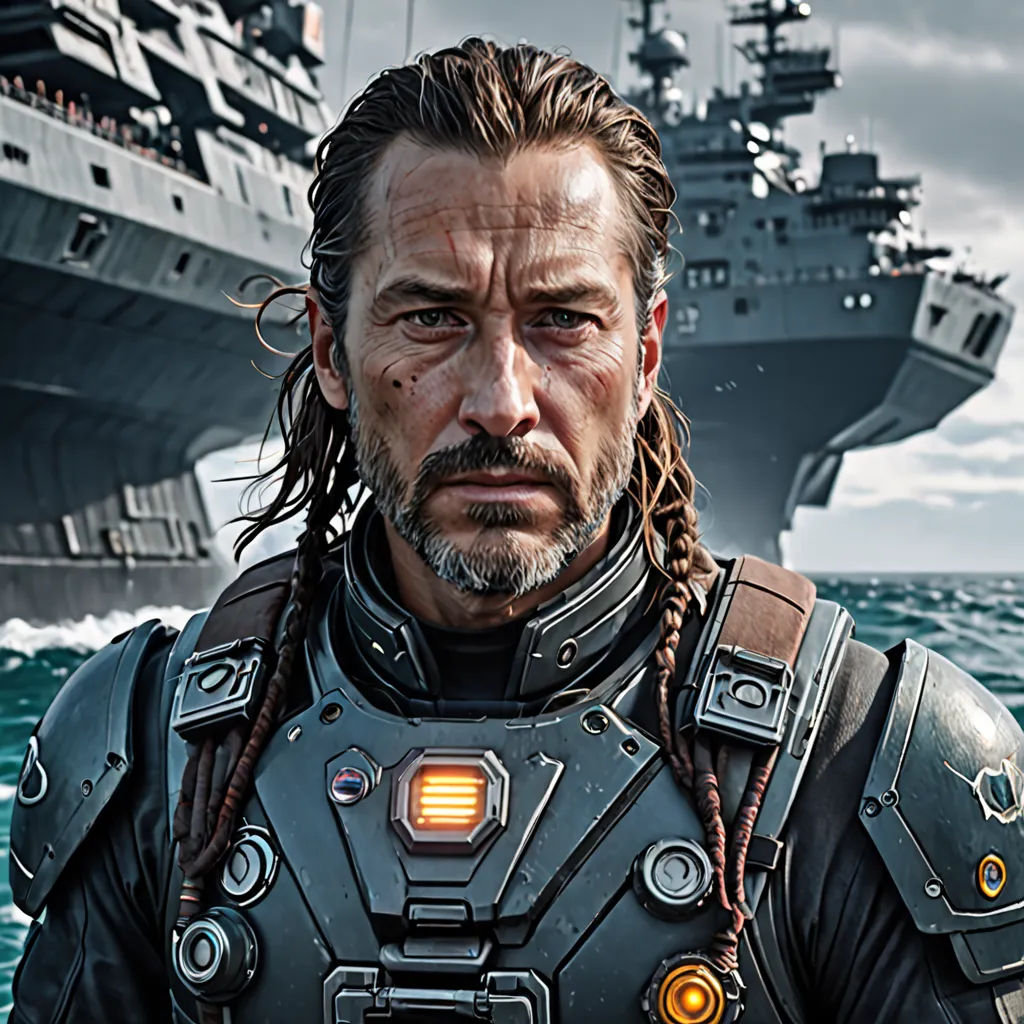 a man in a suit standing in front of a ship in the ocean with a dreadlock on his head, antipodeans, a character portrait, Aleksi Briclot, weta digital