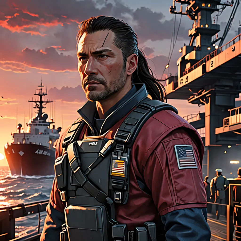 a man in a red uniform standing on a ship deck at sunset with a battleship in the background and a ship in the foreground, sots art, a character portrait, Eddie Mendoza, key art
