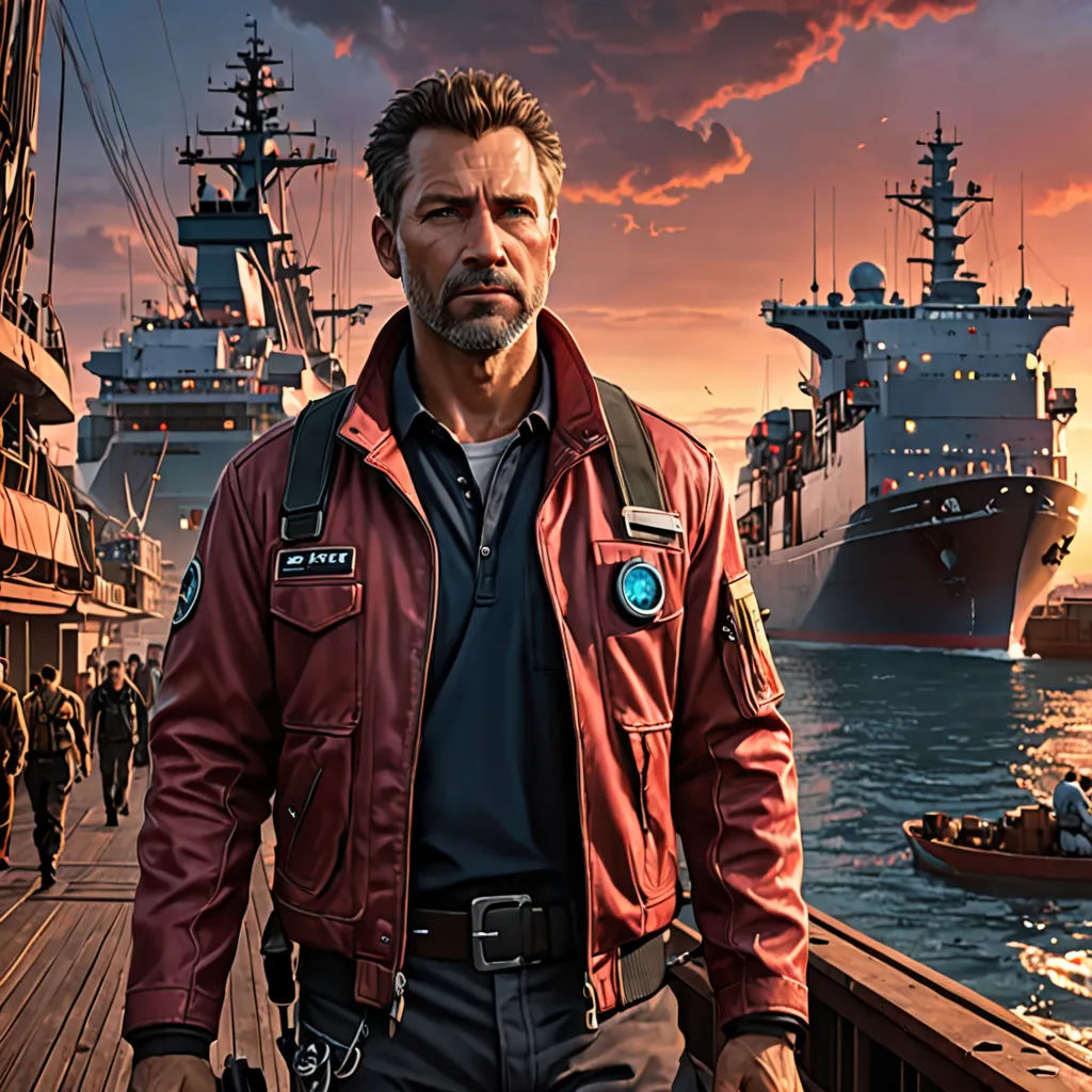 a man in a red jacket is standing on a dock near a large ship and a boat in the water, photorealism, concept art, Chris LaBrooy, key art