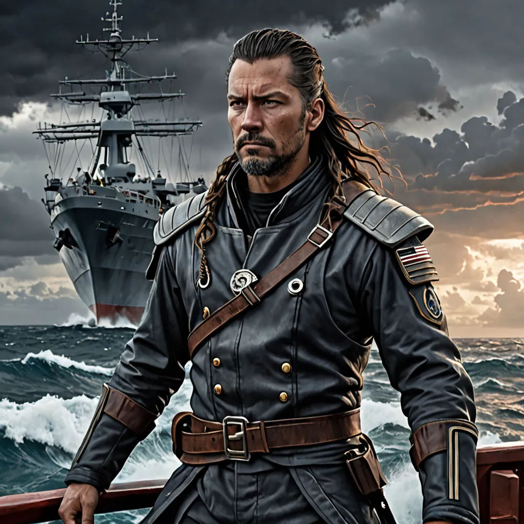 a man in a black uniform standing on a boat in the ocean with a ship in the background and a cloudy sky, photorealism, a character portrait, Andrei Ryabushkin, promotional image