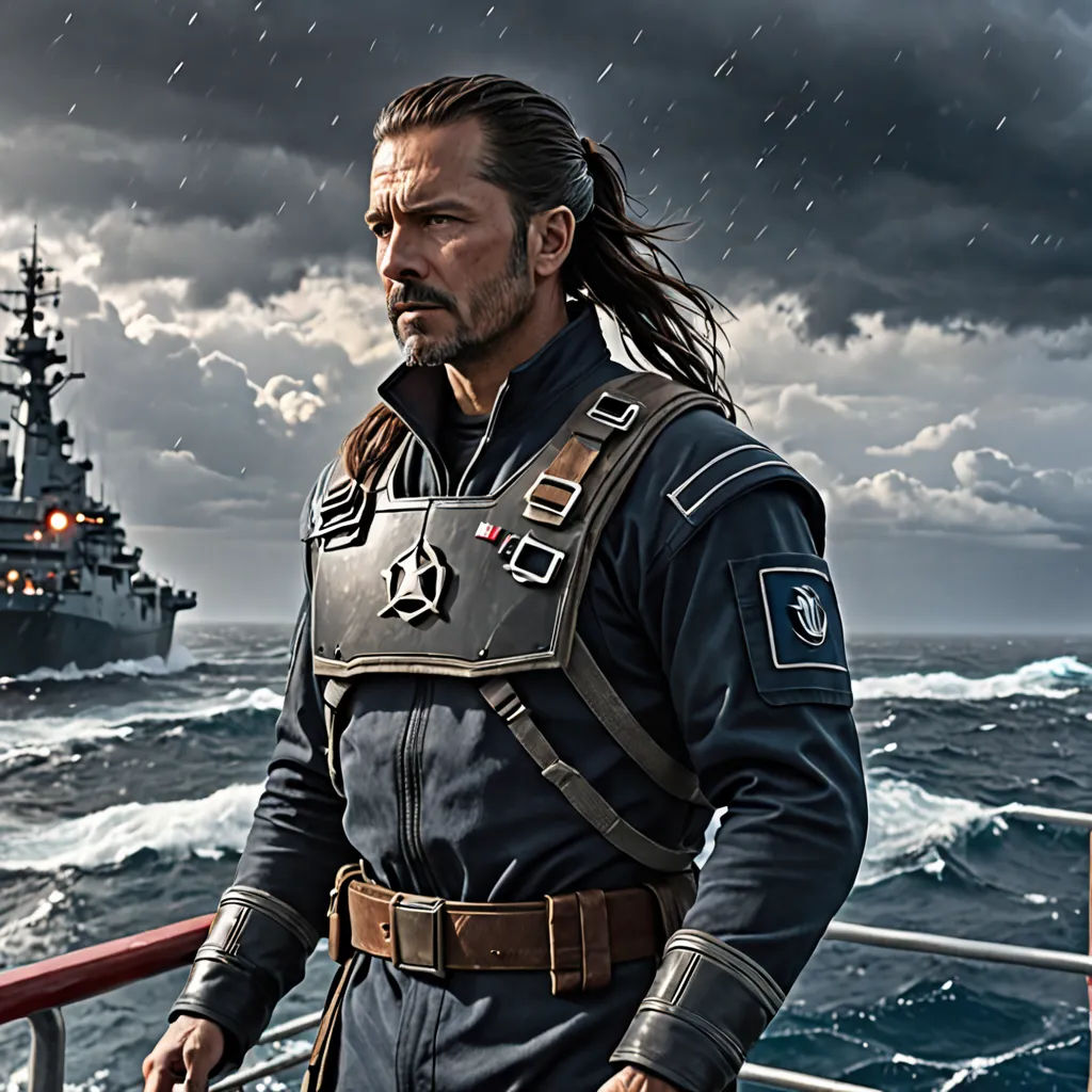 a man in a uniform standing on a boat in the ocean with a battleship in the background and a storm in the sky, rayonism, a detailed matte painting, Aleksi Briclot, promotional image