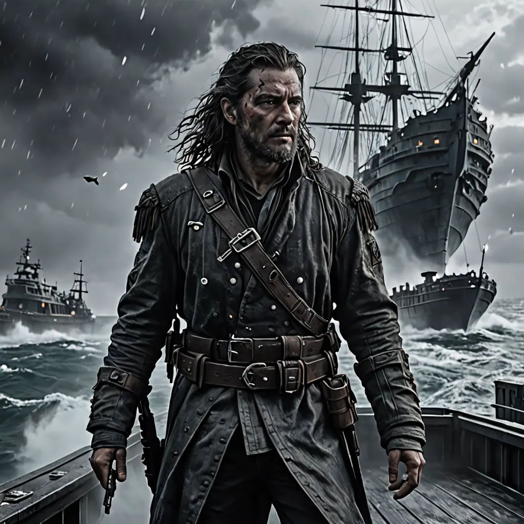 a man in a pirate costume standing on a pier with a ship in the background and a bird flying overhead, rayonism, a detailed matte painting, Dirk Crabeth, promotional image