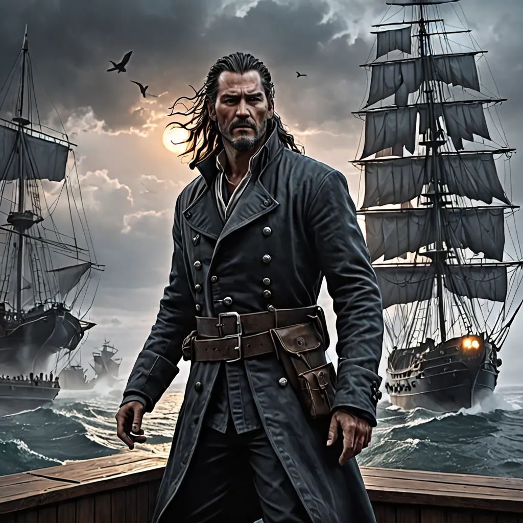 a man in a coat and a pirate ship in the background with a full moon in the sky above, fantasy art, a character portrait, Dirk Crabeth, promotional image