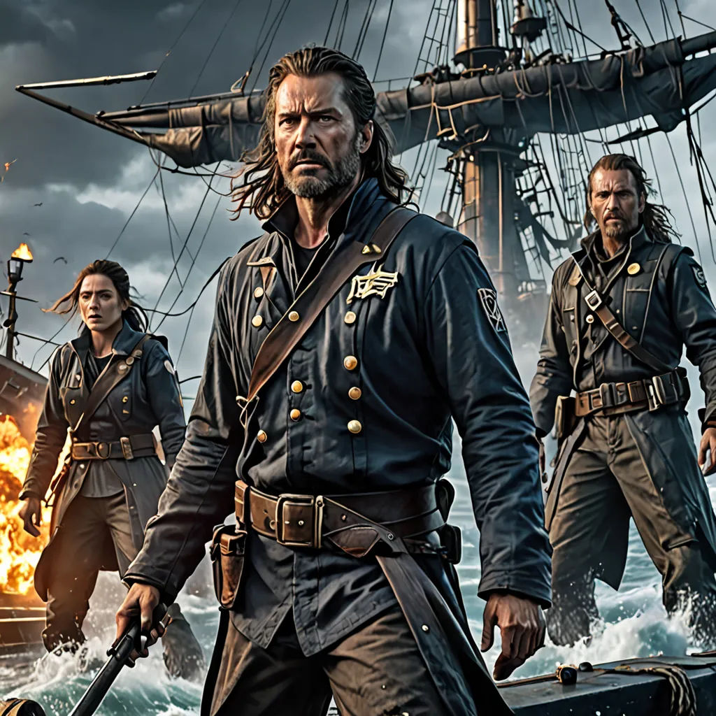 a group of pirates on a ship in the ocean with a fire in the air behind them and a man in a pirate suit, american romanticism, poster art, Dirk Crabeth, promotional image