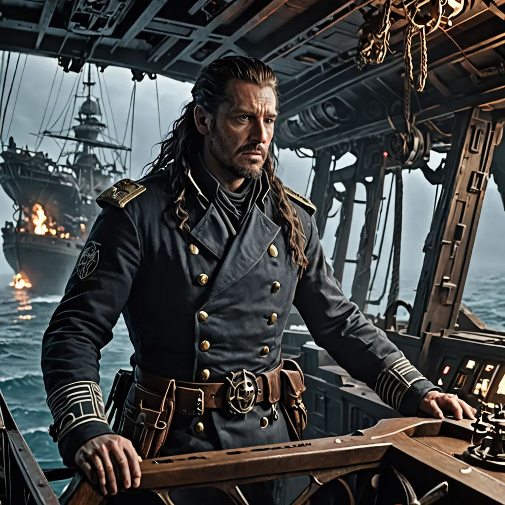 a man in a uniform standing on a boat in the ocean with a battleship in the background and a ship in the distance, american romanticism, a detailed matte painting, Andrey Yefimovich Martynov, promotional image