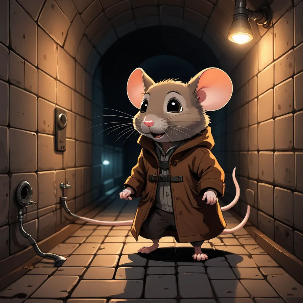 a mouse in a coat is standing in a tunnel with a light on it's side and a hose running through it, sots art, a character portrait, Dan Mumford, game art