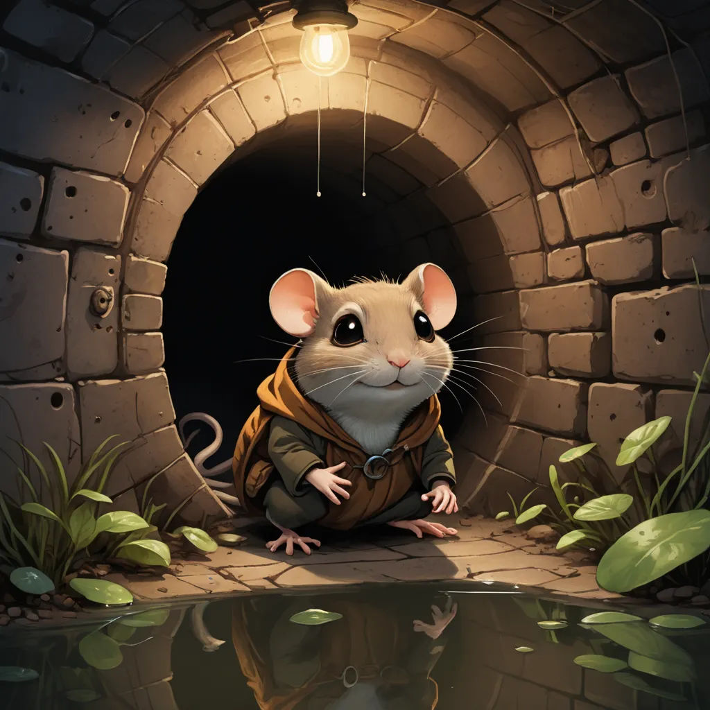 a mouse sitting in a tunnel with a light bulb above it and a reflection in the water below it, fantasy art, a storybook illustration, Dan Mumford, game art