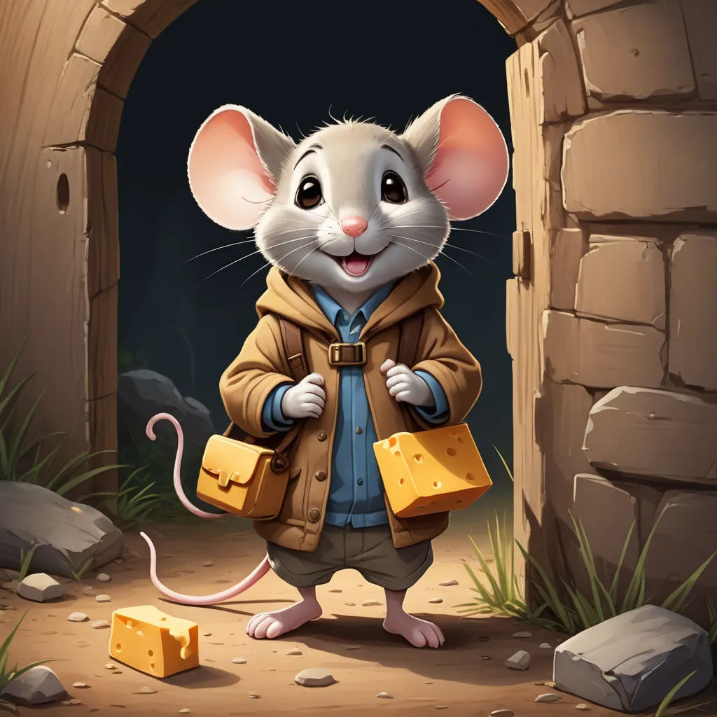 a mouse in a coat and some cheeses in a cave with a door open to it and a brick wall, furry art, a character portrait, Chris LaBrooy, trending on art station