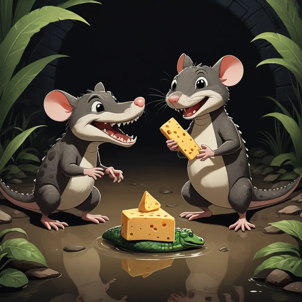 two mice eating cheese in a cave with a green frog nearby illustration by alex macgrew, via flickon, sots art, a storybook illustration, Art Spiegelman, storybook illustration