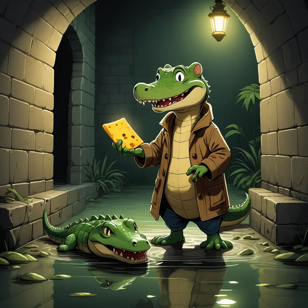 a cartoon alligator holding a piece of cheese next to a crocodile in a tunnel with a light on it, serial art, a storybook illustration, Chris LaBrooy, 2 d game art