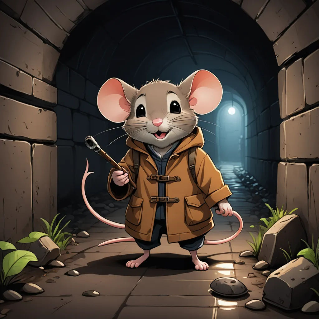 a cartoon mouse in a tunnel with a light on it's head and a flashlight in its hand, sots art, a character portrait, Dan Mumford, key art