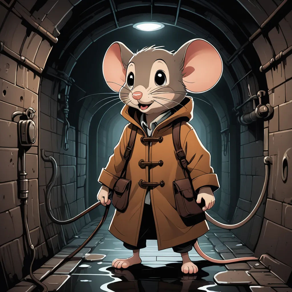 a cartoon mouse in a coat and a mouse on a leash in a tunnel with a light on it, underground comix, a character portrait, Dan Mumford, game art
