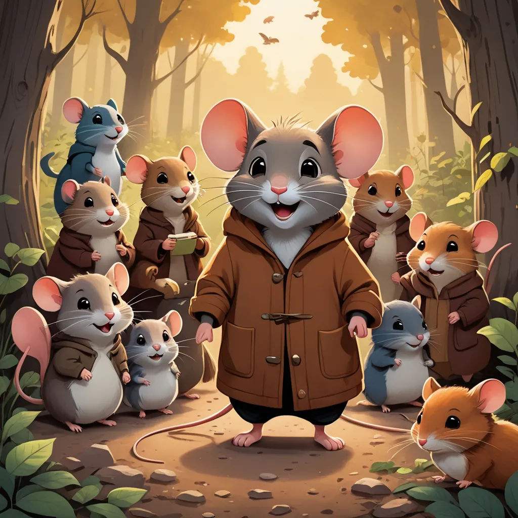 a group of mice standing in a forest with a man in a brown jacket and a group of mice, sots art, a storybook illustration, Cliff Childs, official art