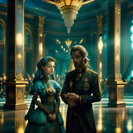 a man and a woman dressed in renaissance clothing standing in a ballroom with chandeliers and chandeliers