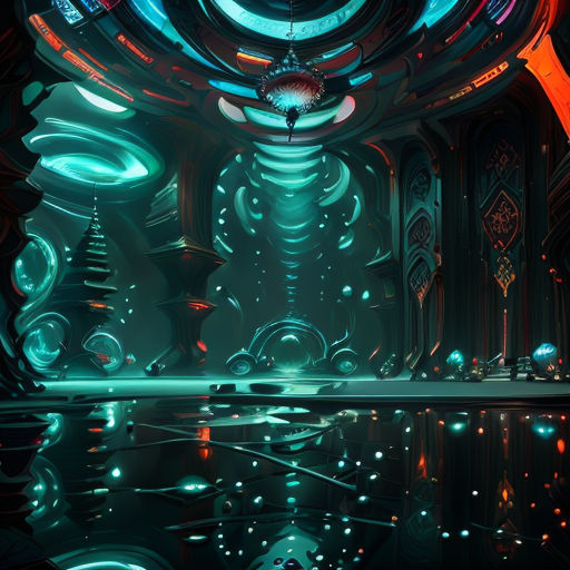 a futuristic room with a large mirror and a clock on the wall and a lot of lights on the ceiling