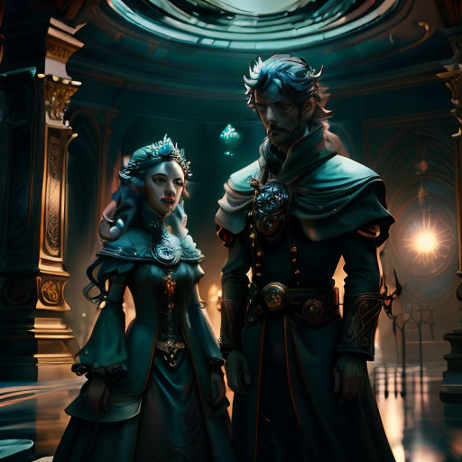 a man and a woman dressed in medieval clothing standing in a room with a clock on the wall behind them