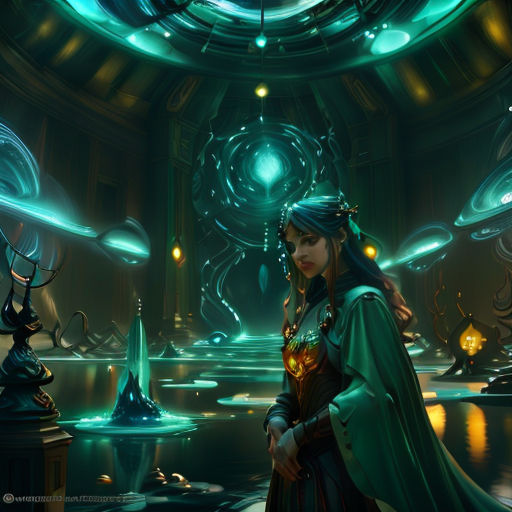 a woman in a green dress standing in a room with a fountain and a clock on the wall behind her