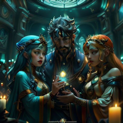 a couple of people standing next to each other in a room with candles and a clock on the wall