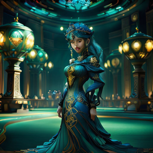 a woman in a blue dress standing in a room with lights on the ceiling and a clock on the wall