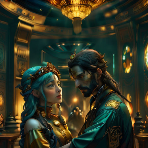 a man and a woman dressed in medieval clothing standing in a room with clocks on the walls and a ceiling