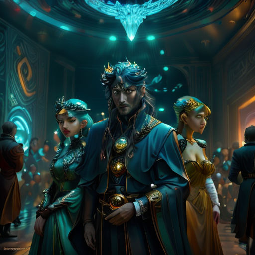 a group of people standing in a room with a ceiling fanciful design on it's face and a blue background